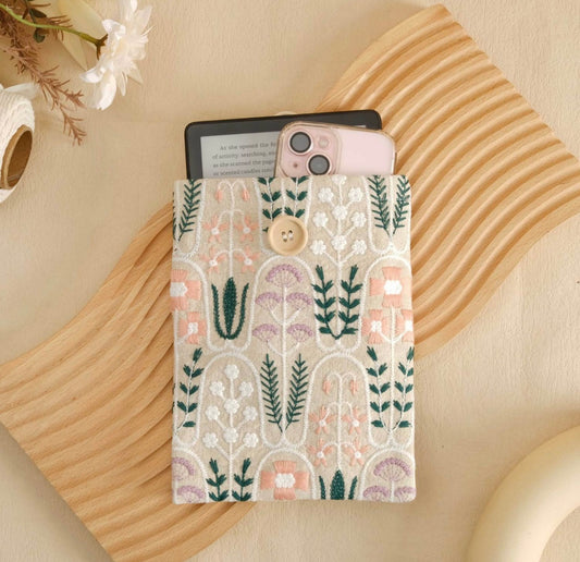 Embroidered book sleeve with button | Floral Wave